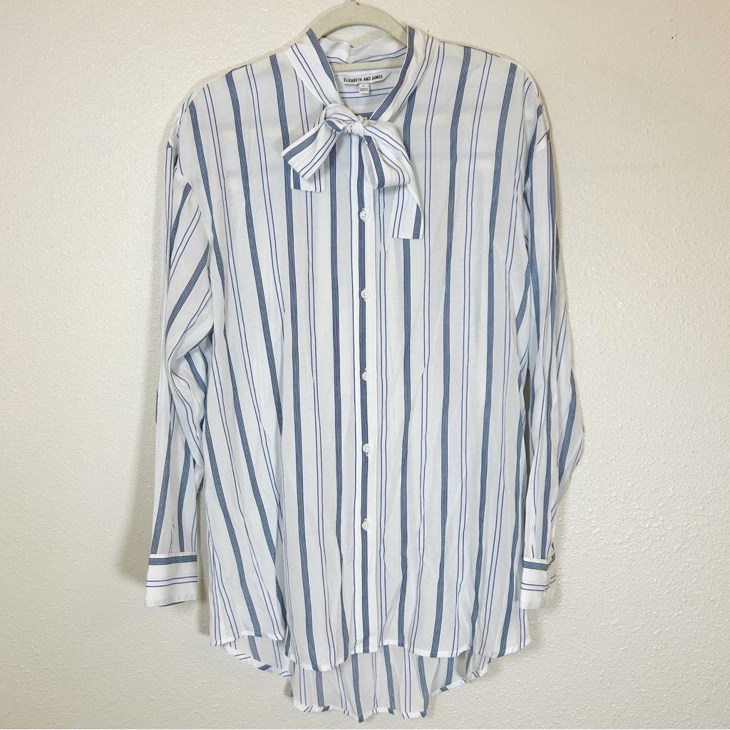 Elizabeth And James Oversized Striped Tunic Top Neck Tie Office Career Old Money